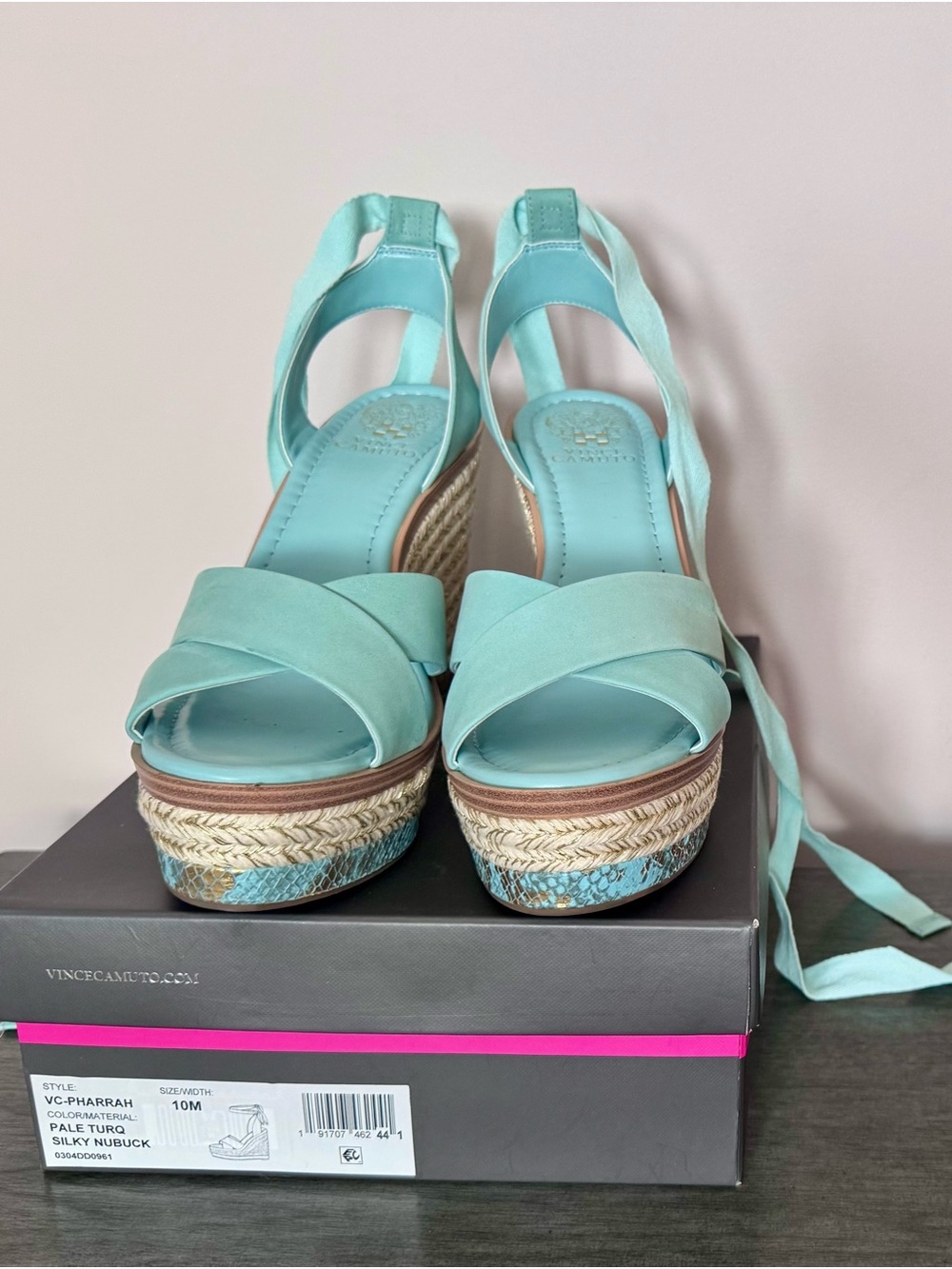 Vince Camuto Pale Turquoise Wedge Sandals with Ankle Ties - Picture 2 of 2